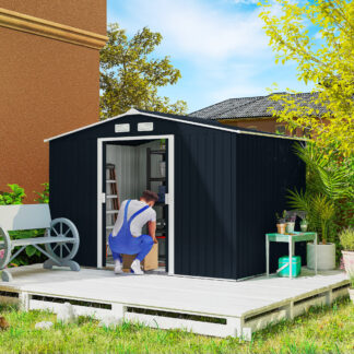 ELA  9 x 6 Outdoor Storage Shed, Garden Tool Metal Shed with Foundation Kit, Double Lockable Door, Air Vents and Sloping Roof, for Backyard, Patio, Lawn, Dark Gray