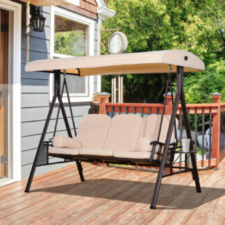 ELA 3-Seat Patio Swing Chair, Outdoor Porch Swing Glider with Adjustable Canopy, Removable Cushion, Pillows and Side Trays, for Garden, Poolside, Backyard, Beige
