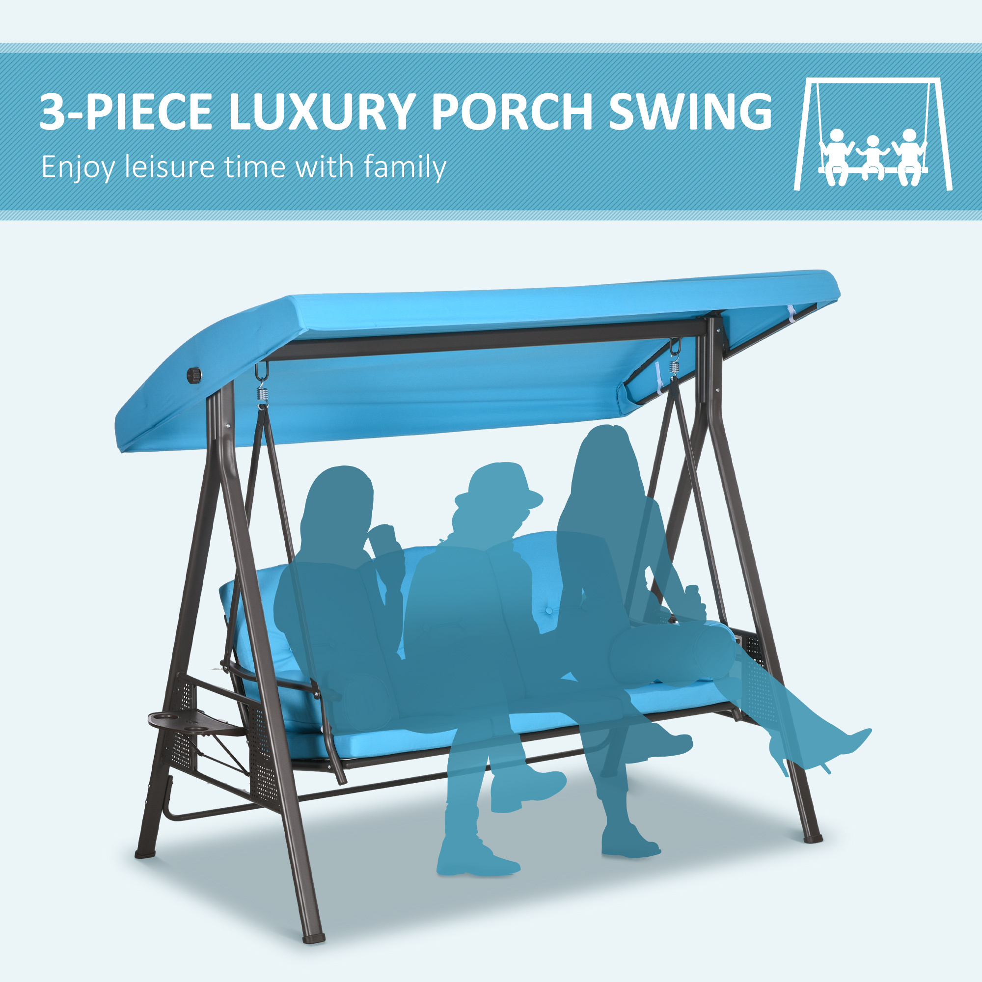 ELA 3-Seat Outdoor Porch Swing Chair with Adjustable Canopy, Cushion and Pillows for Garden, Poolside, Blue - Image 6