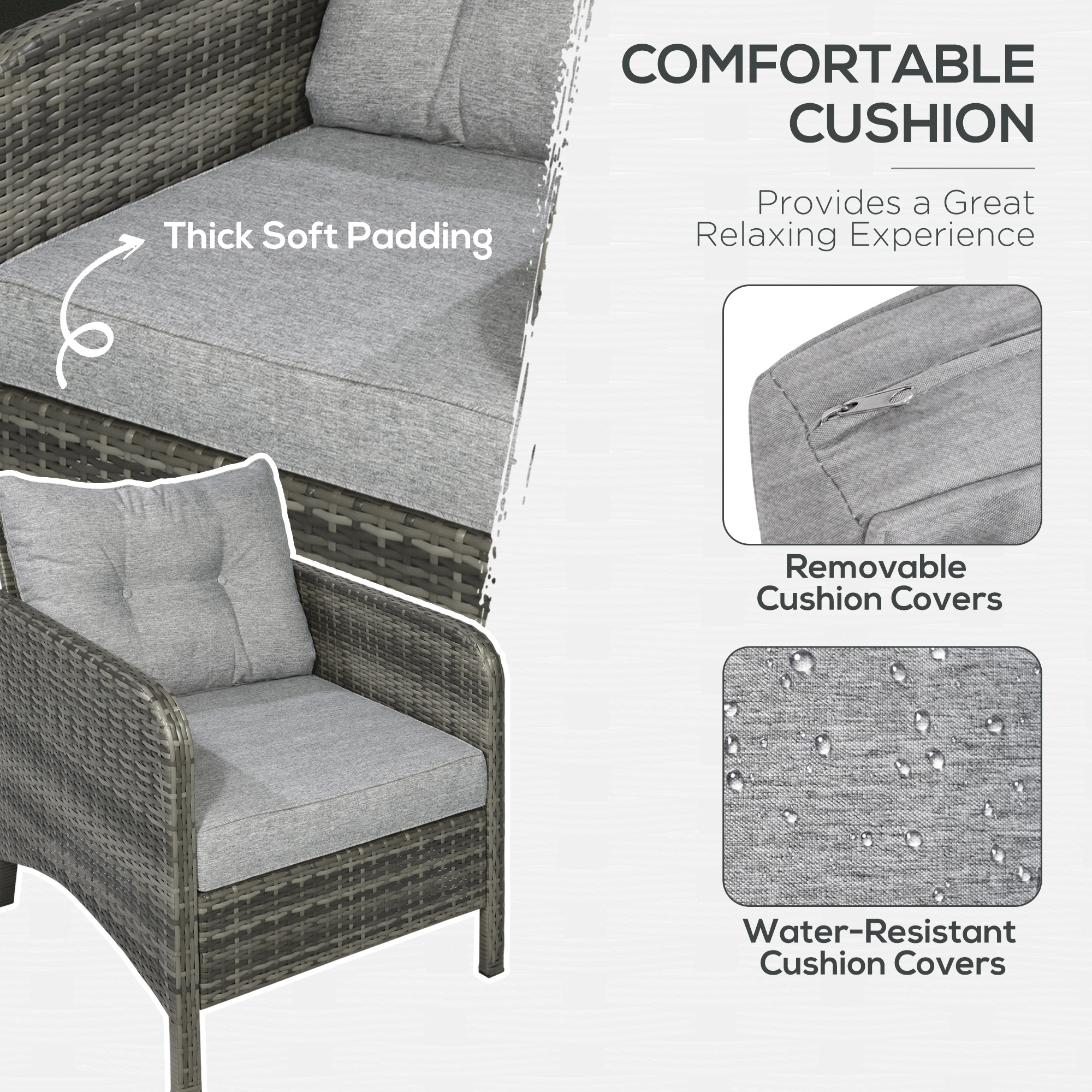 ELA 5 Pieces Rattan Wicker Lounge Chair Outdoor Patio Conversation Set with 2 Cushioned Chairs, 2 Ottomans and Tempered Glass Top Coffee Table, Gray/Light Gray - Image 8