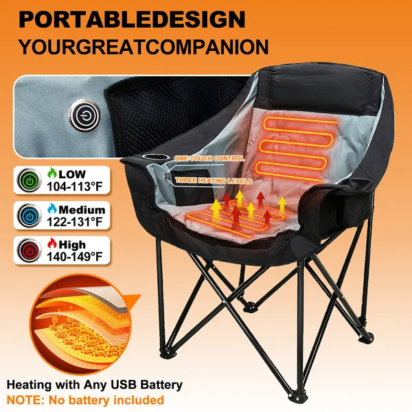 ELA Oversized Heated Camping Chair, Patio Lounge Chairs With 3 Heat Levels, Portable Folding Heated Chair Round Moon Saucer Folding Lawn Chair Outdoor Chair For Camping, Lounge Patio - Image 4
