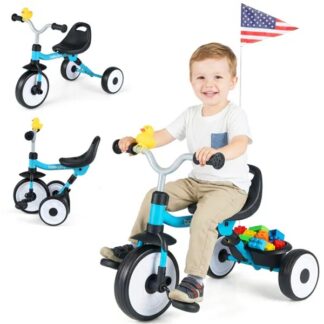 ELA Toddler Tricycle With Rainbow LED Wheels, Foldable 3-in-1 Balance Bike With Carbon Steel Frame, Removable Pedals & Rear Storage Basket