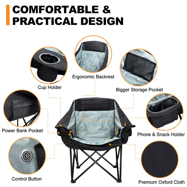 ELA Oversized Heated Camping Chair, Patio Lounge Chairs With 3 Heat Levels, Portable Folding Heated Chair Round Moon Saucer Folding Lawn Chair Outdoor Chair For Camping, Lounge Patio - Image 2
