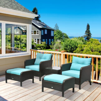 ELA  5 Pieces Rattan Wicker Lounge Chair Outdoor Patio Conversation Set with 2 Cushioned Chairs, 2 Ottomans and Tempered Glass Top Coffee Table, Brown/Blue