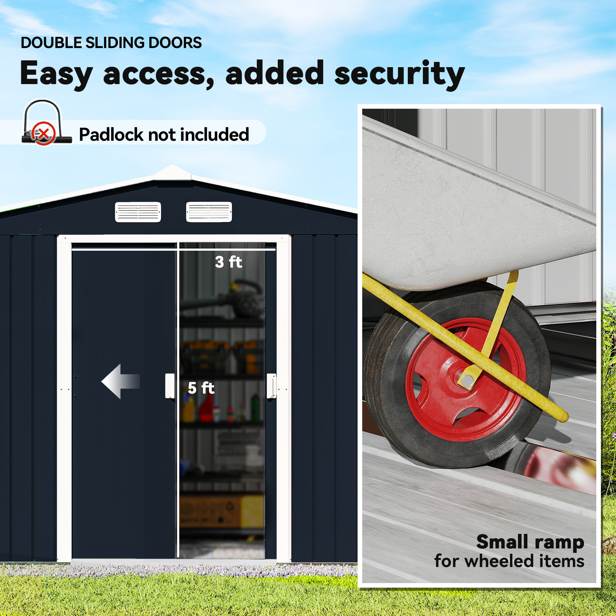 ELA 9 x 6 Outdoor Storage Shed, Garden Tool Metal Shed with Foundation Kit, Double Lockable Door, Air Vents and Sloping Roof, for Backyard, Patio, Lawn, Dark Gray - Image 8