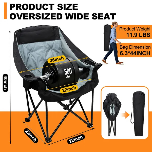 ELA Oversized Heated Camping Chair, Patio Lounge Chairs With 3 Heat Levels, Portable Folding Heated Chair Round Moon Saucer Folding Lawn Chair Outdoor Chair For Camping, Lounge Patio - Image 5
