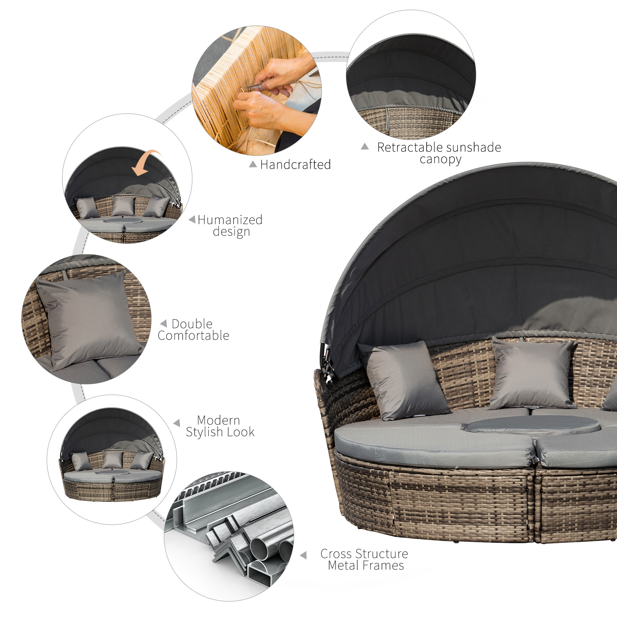 ELA 4-Piece Round Convertible Daybed with Cushions, Outdoor PE Rattan Patio Wicker Sofa Set, Sunbed with Adjustable Sun Canopy, Sectional Sofa, 2 Chairs, Table, 3 Pillows, Dark Gray - Image 4