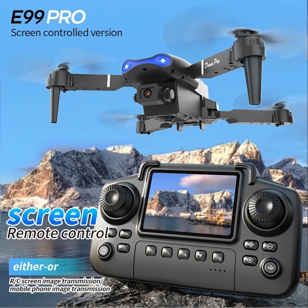 ELA The E99 PRO Drone Is Equipped With A 4.91-inch Screen Controller, An SD Card, 2 Batteries, A Brushless Motor, Optical Flow Positioning, And Active Obstacle Avoidance Function. (Gray - 2 Batteries)