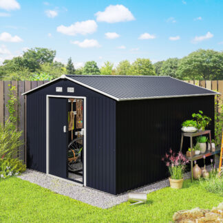 ELA  11 x 9 Outdoor Storage Shed, Garden Tool Metal Shed with Foundation Kit, Double Lockable Door, Air Vents and Sloping Roof, for Backyard, Patio, Lawn, Dark Gray