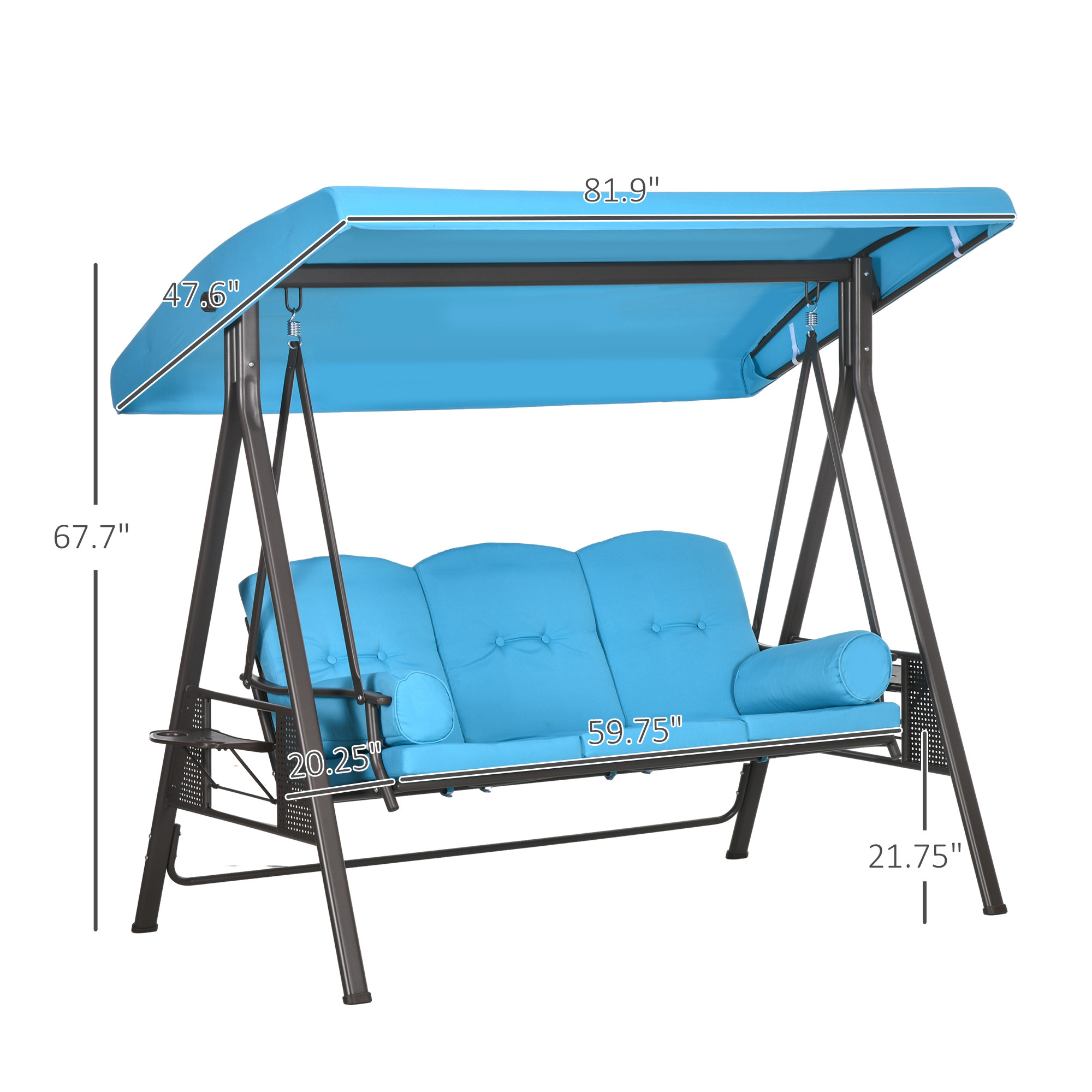 ELA 3-Seat Outdoor Porch Swing Chair with Adjustable Canopy, Cushion and Pillows for Garden, Poolside, Blue - Image 2
