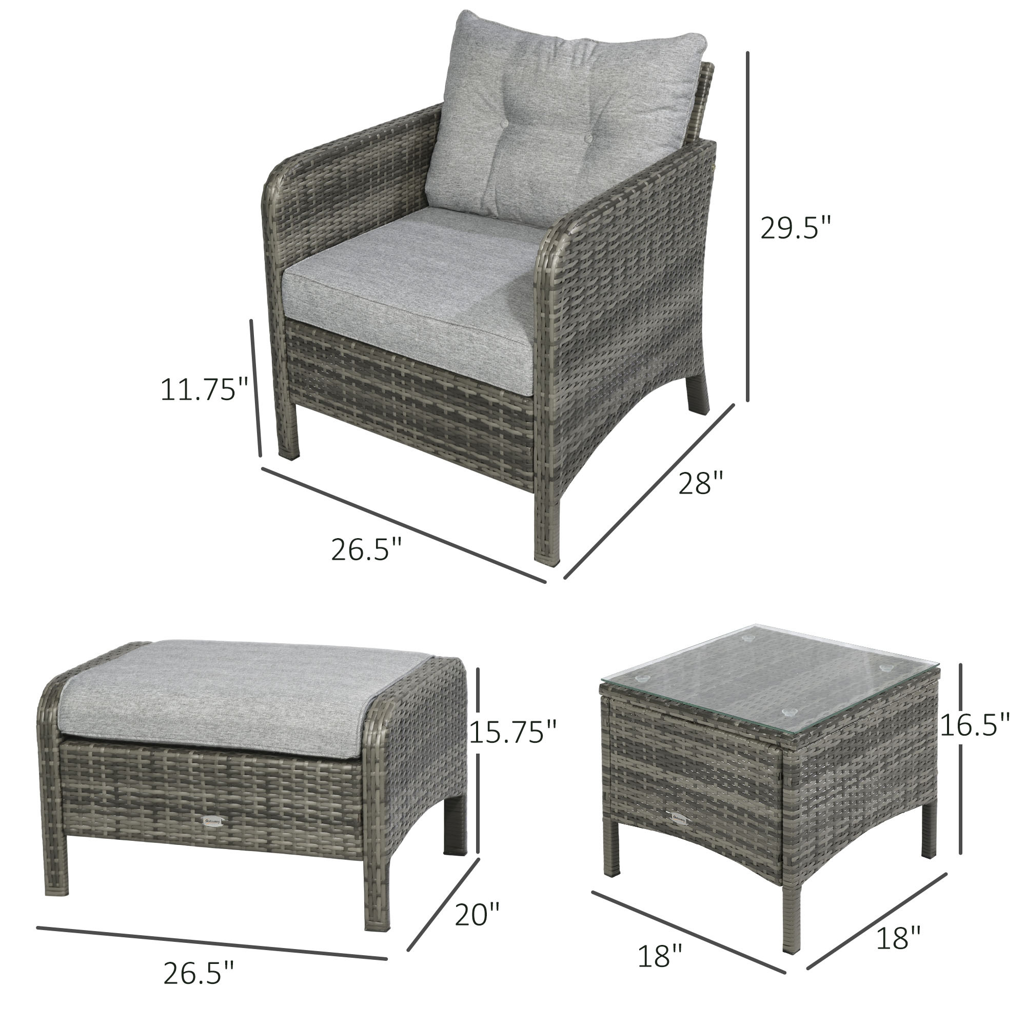 ELA 5 Pieces Rattan Wicker Lounge Chair Outdoor Patio Conversation Set with 2 Cushioned Chairs, 2 Ottomans and Tempered Glass Top Coffee Table, Gray/Light Gray - Image 3