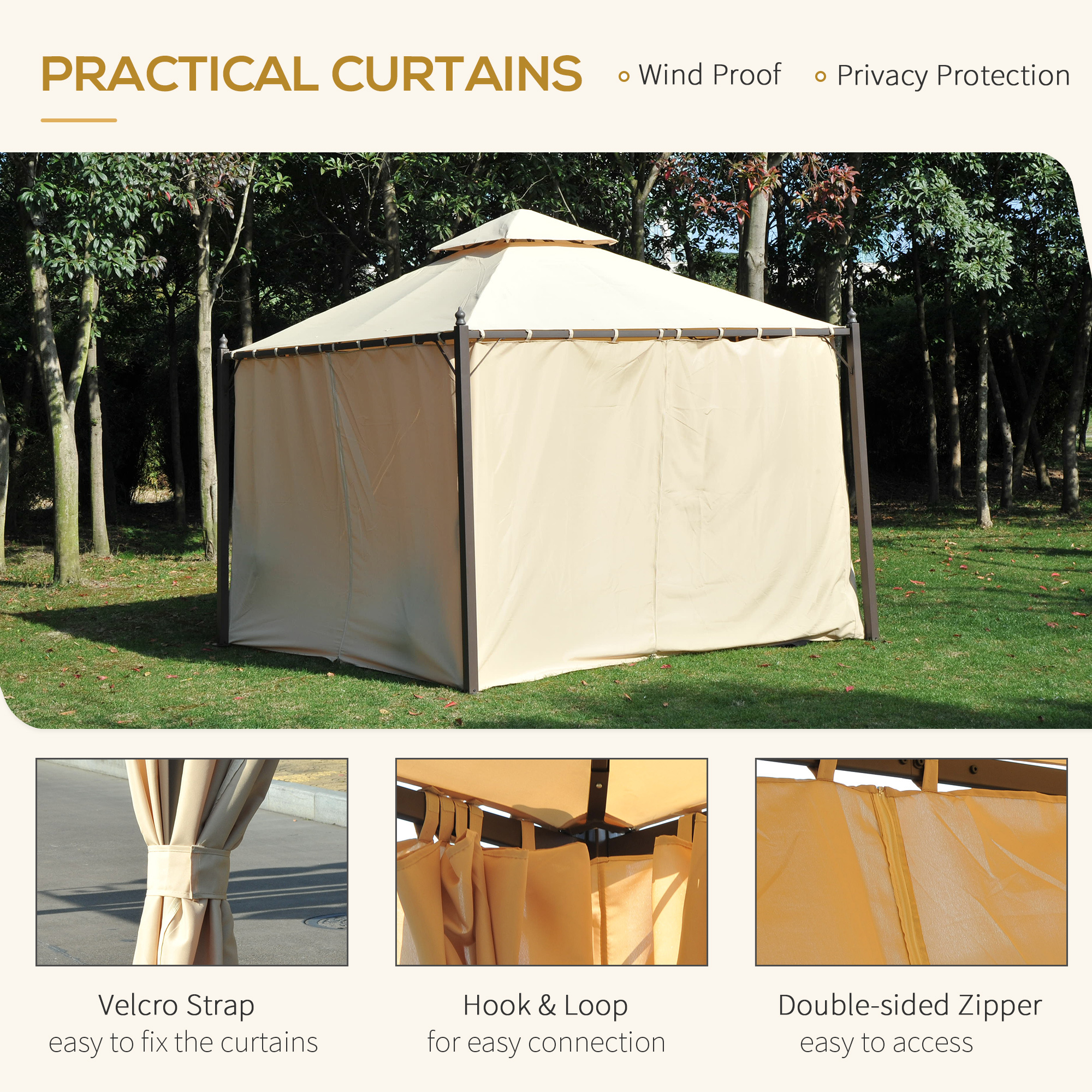 ELA 10 x 10 Steel Outdoor Patio Gazebo with Polyester Privacy Curtains, Two-Tier Roof for Air, Large Design - Image 3