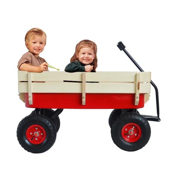 ELA Outdoor Sport Wagon Tools Cart Wooden Side Panels Air Tires Wagon - Red