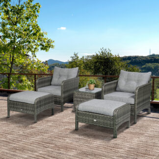 ELA  5 Pieces Rattan Wicker Lounge Chair Outdoor Patio Conversation Set with 2 Cushioned Chairs, 2 Ottomans and Tempered Glass Top Coffee Table, Gray/Light Gray