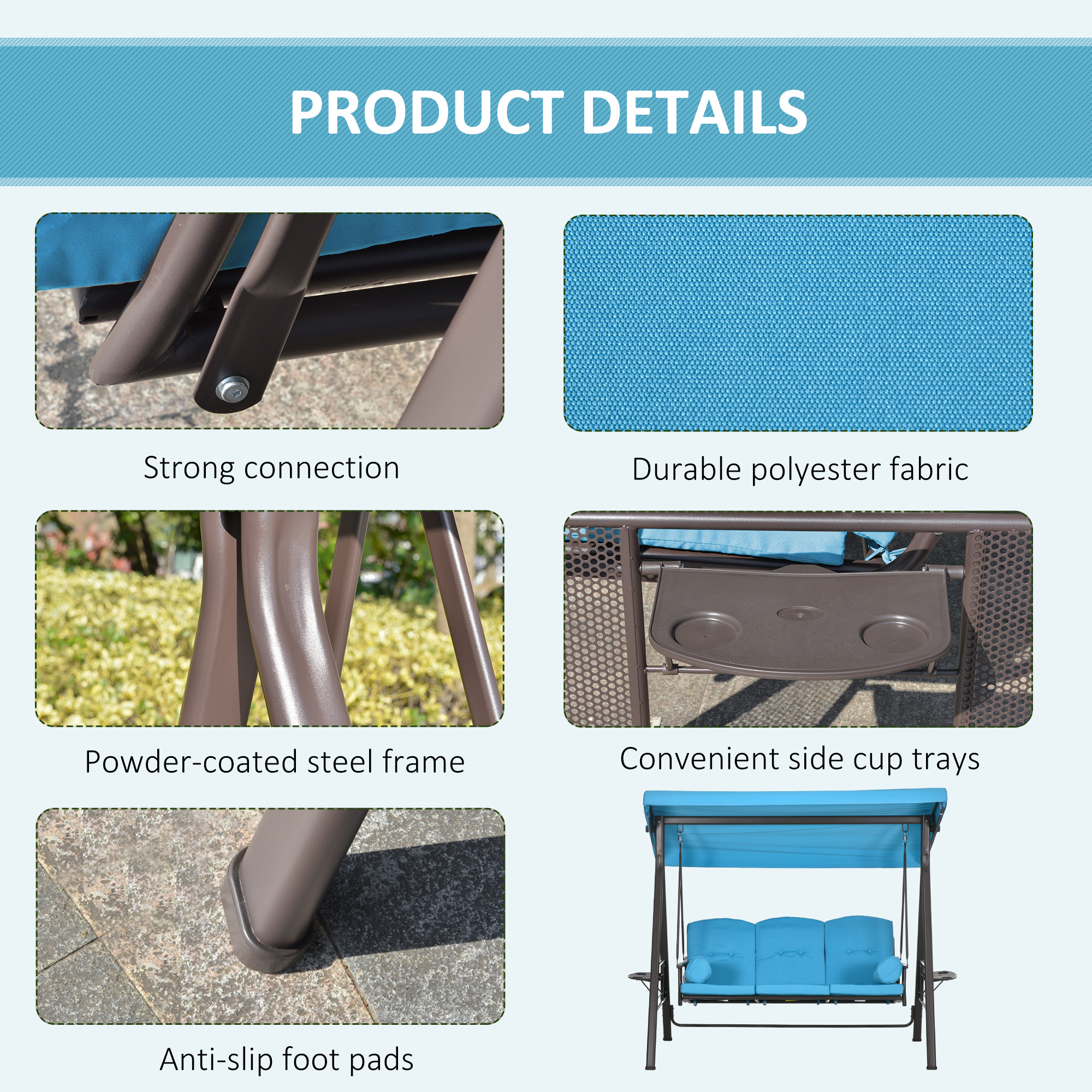 ELA 3-Seat Outdoor Porch Swing Chair with Adjustable Canopy, Cushion and Pillows for Garden, Poolside, Blue - Image 5