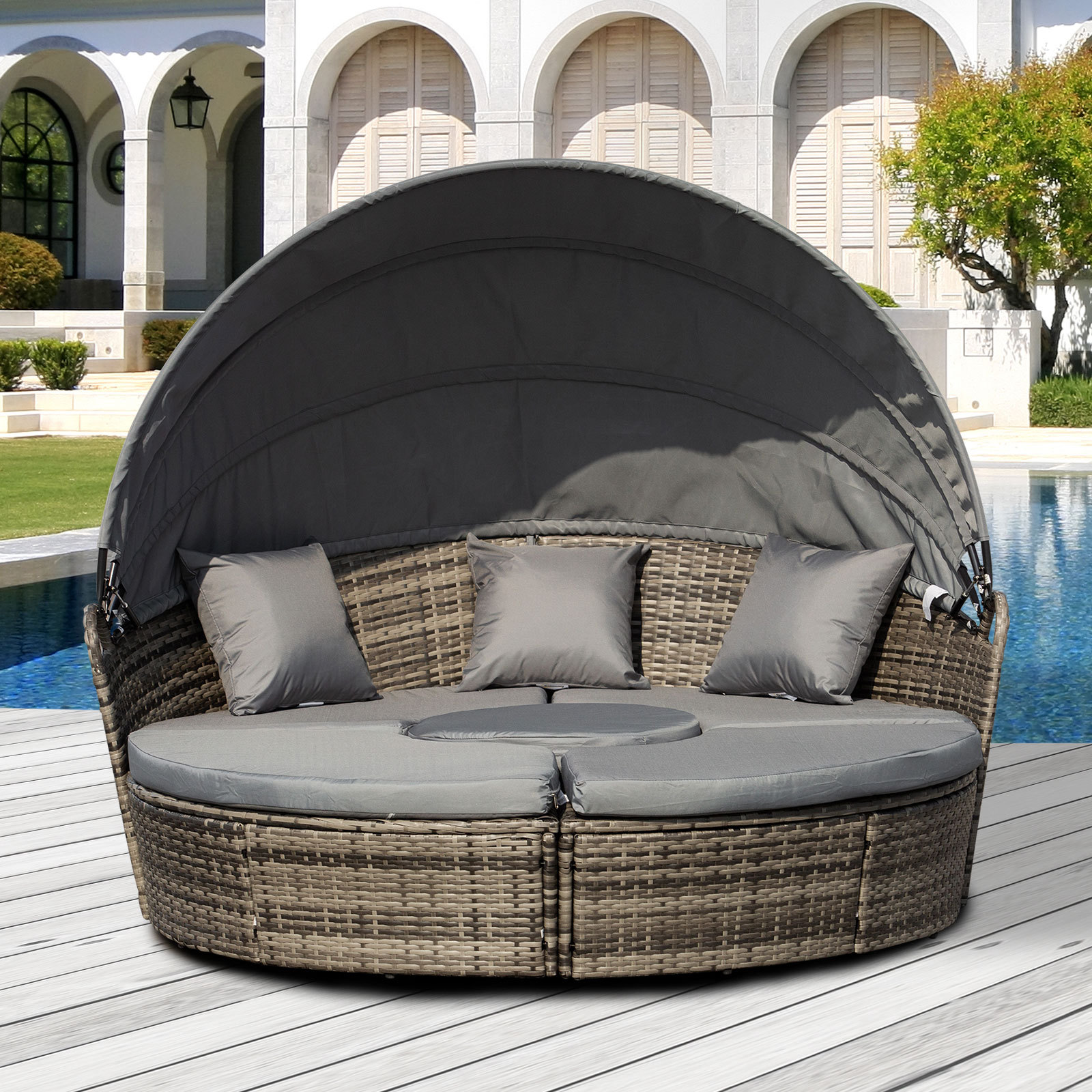 ELA 4-Piece Round Convertible Daybed with Cushions, Outdoor PE Rattan Patio Wicker Sofa Set, Sunbed with Adjustable Sun Canopy, Sectional Sofa, 2 Chairs, Table, 3 Pillows, Dark Gray - Image 8