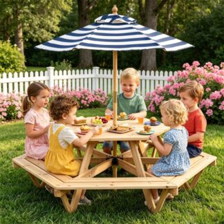 ELA 6-Seat Hexagonal Kids Picnic Table With Umbrella, Solid Fir Wood Outdoor Table & Bench Set For Backyard Garden, Age 3-8