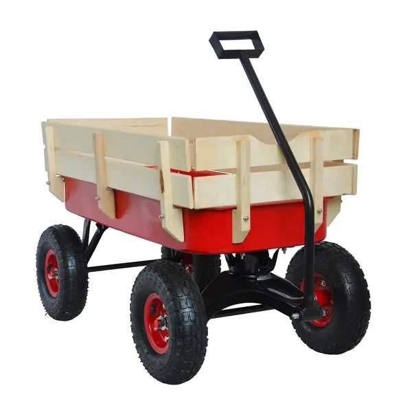 ELA Outdoor Sport Wagon Tools Cart Wooden Side Panels Air Tires Wagon - Red - Image 3