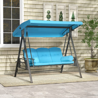 ELA 3-Seat Outdoor Porch Swing Chair with Adjustable Canopy, Cushion and Pillows for Garden, Poolside, Blue