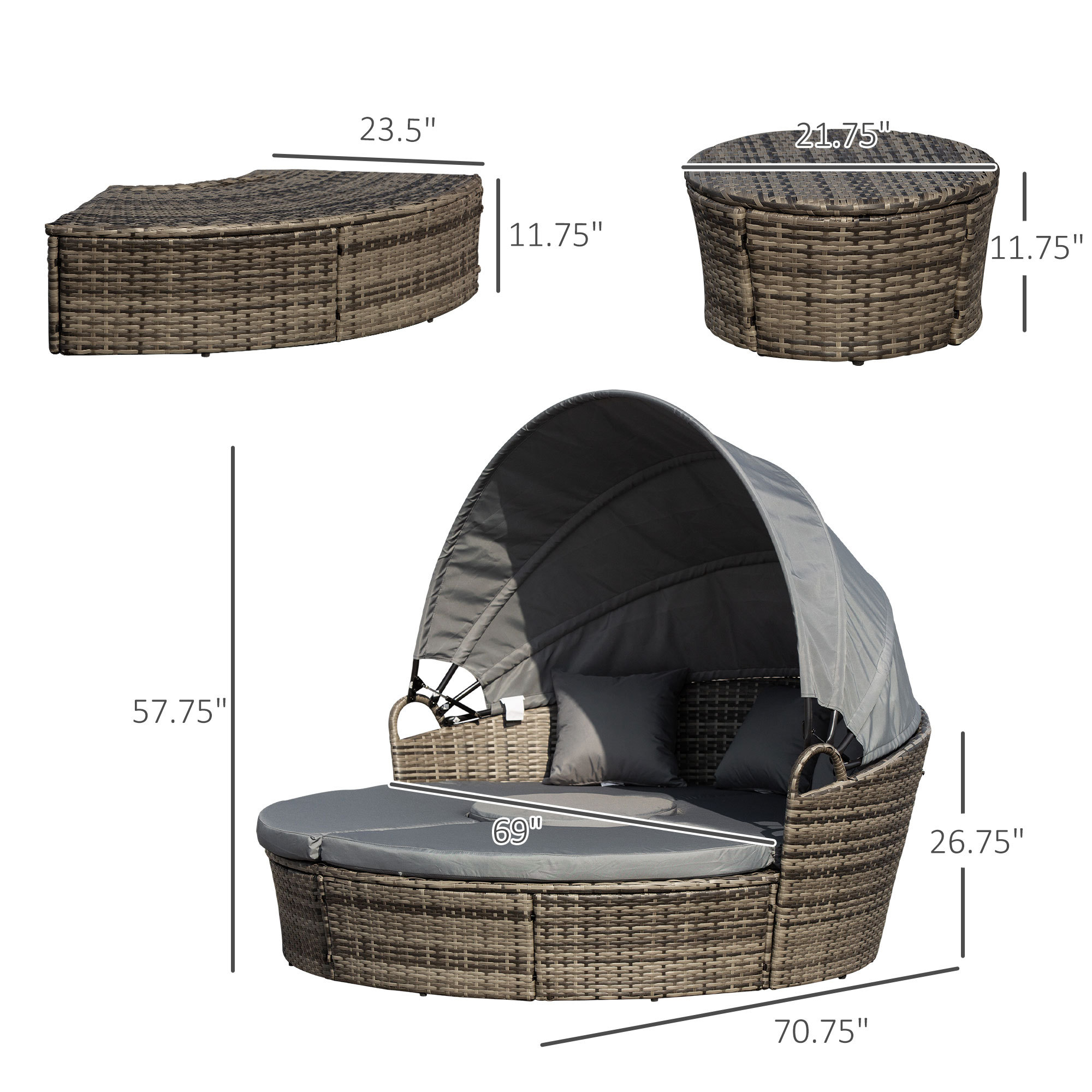 ELA 4-Piece Round Convertible Daybed with Cushions, Outdoor PE Rattan Patio Wicker Sofa Set, Sunbed with Adjustable Sun Canopy, Sectional Sofa, 2 Chairs, Table, 3 Pillows, Dark Gray - Image 7