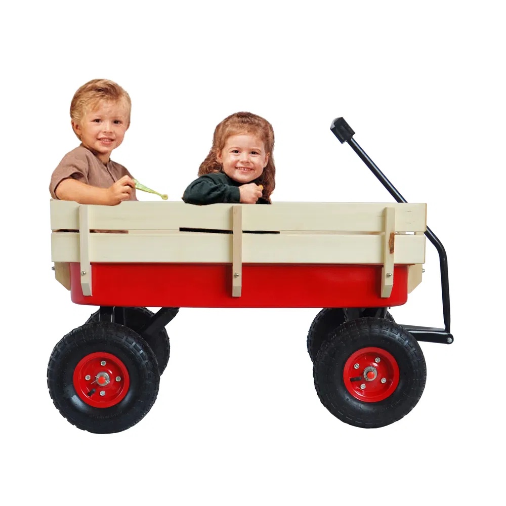 ELA Outdoor Sport Wagon Tools Cart Wooden Side Panels Air Tires Wagon - Red - Image 4