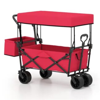 ELA  Foldable Utility Wagon,Adjustable Handle Outdoor Wagon, Puncture-Proof Wheels With Brakes, Removable Bag & Side Pockets-Red