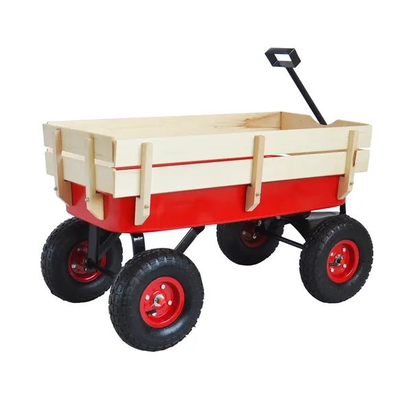 ELA Outdoor Sport Wagon Tools Cart Wooden Side Panels Air Tires Wagon - Red - Image 2