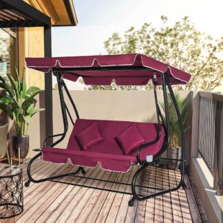 ELA 3-Seat Outdoor Patio Swing Chair, Converting Flatbed, Outdoor Swing Glider with Adjustable Canopy, Removable Cushion and Pillows, for Porch, Garden, Poolside, Backyard, Red