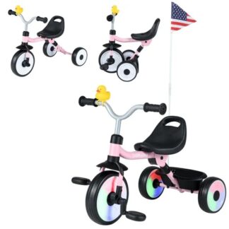 ELA Toddler Tricycle With Rainbow LED Wheels, Foldable 3-in-1 Balance Bike With Carbon Steel Frame, Removable Pedals & Rear Storage Basket - Pink