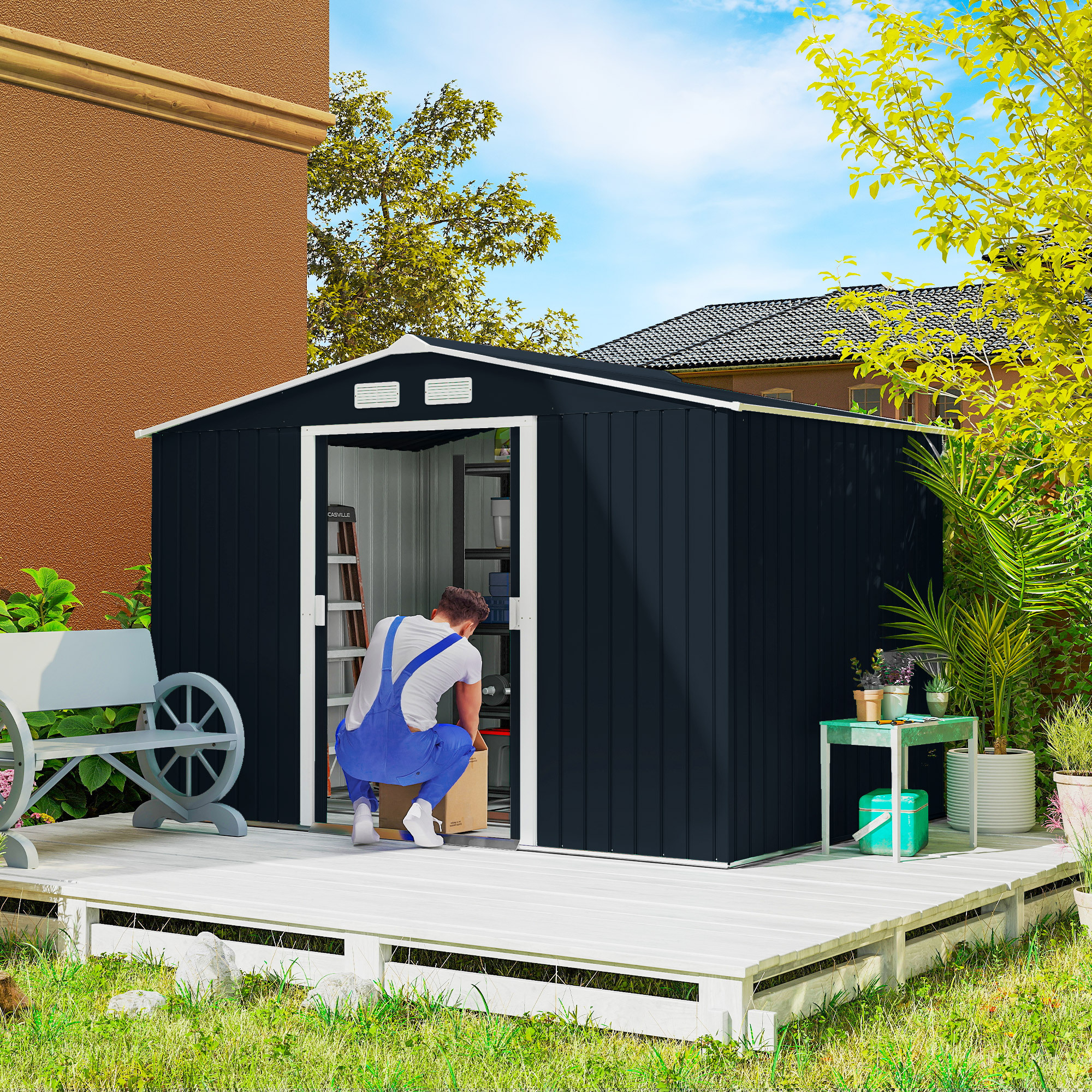 ELA 9 x 6 Outdoor Storage Shed, Garden Tool Metal Shed with Foundation Kit, Double Lockable Door, Air Vents and Sloping Roof, for Backyard, Patio, Lawn, Dark Gray - Image 3