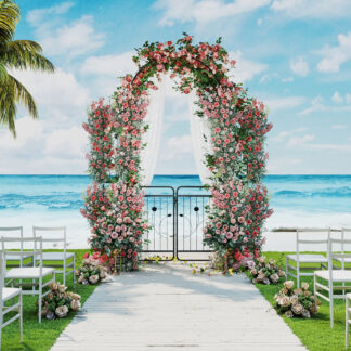 ELA 87 Inch Tall Garden Arch With Gate Planter Shelves Climbing Trellises For Wedding Arch, Yard Entrance, Garden Climbing Pergola, Etc