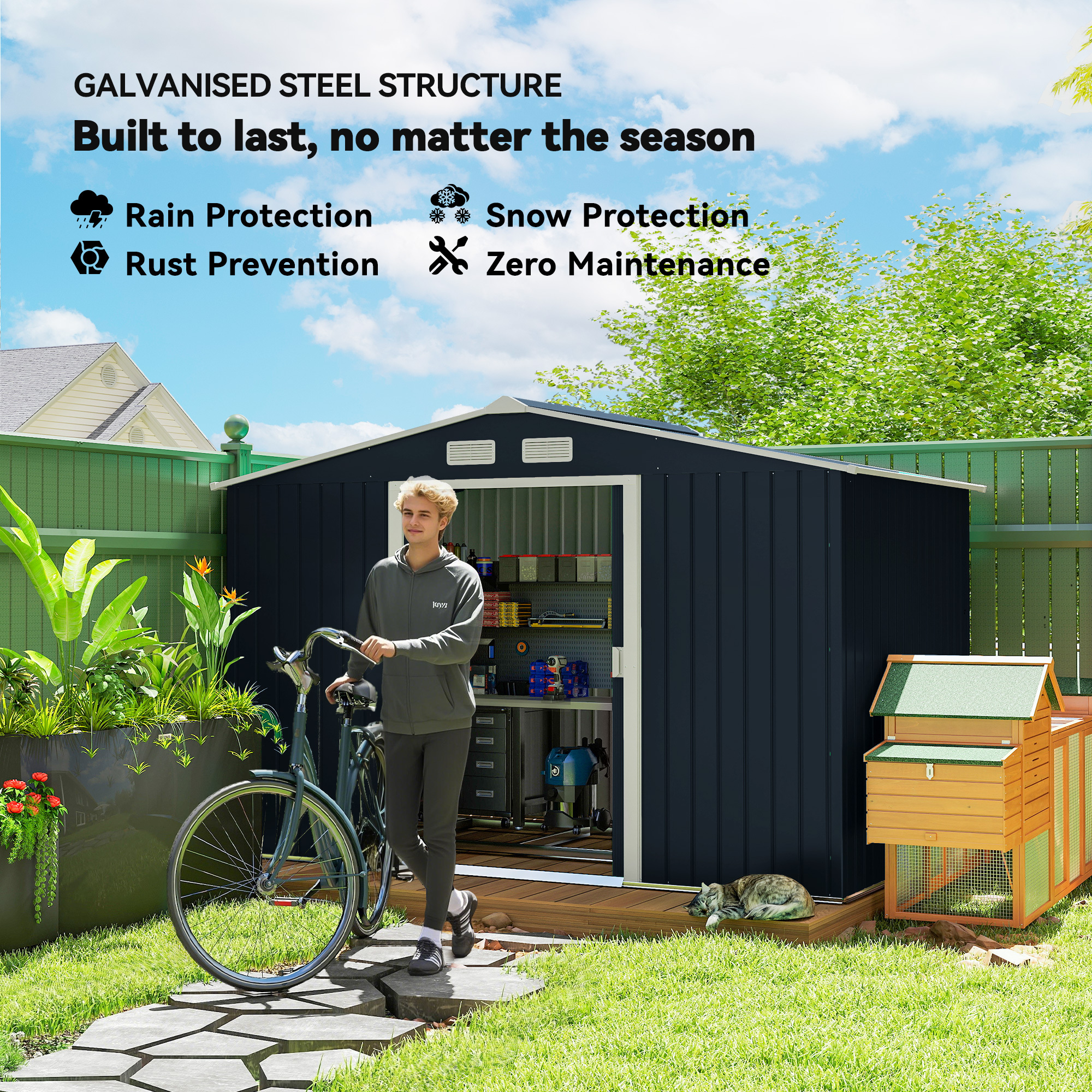 ELA 9 x 6 Outdoor Storage Shed, Garden Tool Metal Shed with Foundation Kit, Double Lockable Door, Air Vents and Sloping Roof, for Backyard, Patio, Lawn, Dark Gray - Image 7