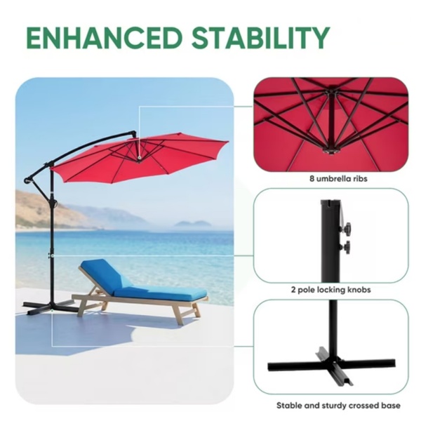 ELA Outdoor Patio Umbrella, 10ft Offset Hanging Patio Umbrella With Aluminum Stand, 8 Ribs, UV Protection For Pool Garden Backyard Market, Red Shipment From Walmart - Image 5