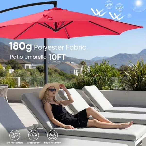 ELA Outdoor Patio Umbrella, 10ft Offset Hanging Patio Umbrella With Aluminum Stand, 8 Ribs, UV Protection For Pool Garden Backyard Market, Red Shipment From Walmart - Image 6