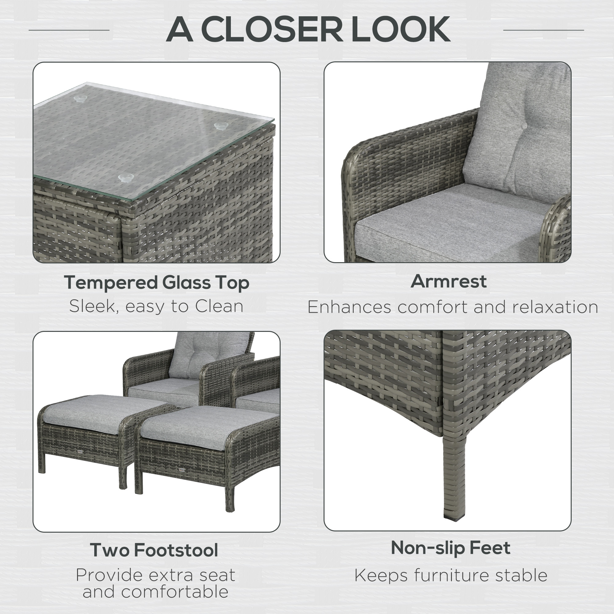 ELA 5 Pieces Rattan Wicker Lounge Chair Outdoor Patio Conversation Set with 2 Cushioned Chairs, 2 Ottomans and Tempered Glass Top Coffee Table, Gray/Light Gray - Image 4