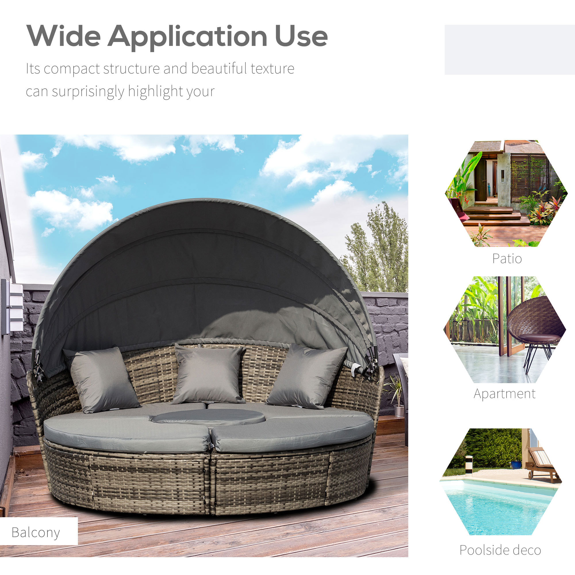 ELA 4-Piece Round Convertible Daybed with Cushions, Outdoor PE Rattan Patio Wicker Sofa Set, Sunbed with Adjustable Sun Canopy, Sectional Sofa, 2 Chairs, Table, 3 Pillows, Dark Gray - Image 3