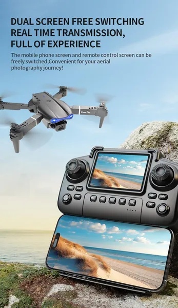ELA The E99 PRO Drone Is Equipped With A 4.91-inch Screen Controller, An SD Card, 2 Batteries, A Brushless Motor, Optical Flow Positioning, And Active Obstacle Avoidance Function. (Gray - 2 Batteries) - Image 2