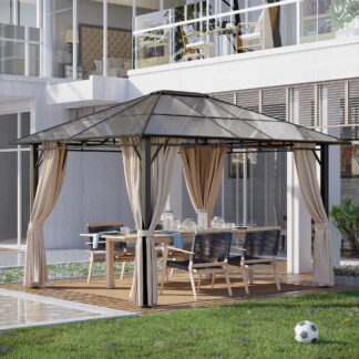 ELA  10 x 12 Hardtop Gazebo Canopy with Polycarbonate Roof, Aluminum Frame, Permanent Pavilion Outdoor Gazebo with Netting, for Patio, Garden, Backyard, Deck, Lawn, Dark Brown, Off-White
