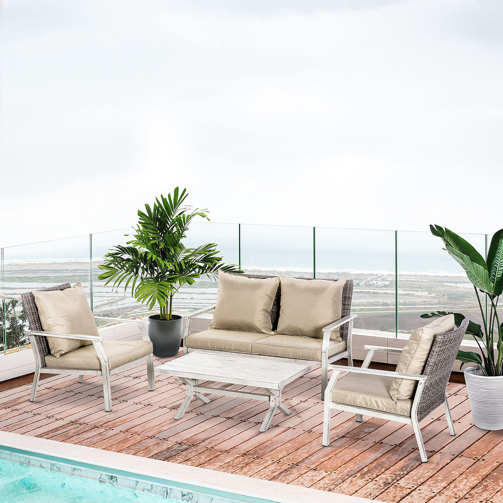 ELA 4 Pieces Patio Furniture Set with Cushions, Outdoor Wicker Conversation Sofa Sets, Aluminum Frame Sofa Sets for Backyard, Poolside, Garden, Beige - Image 6