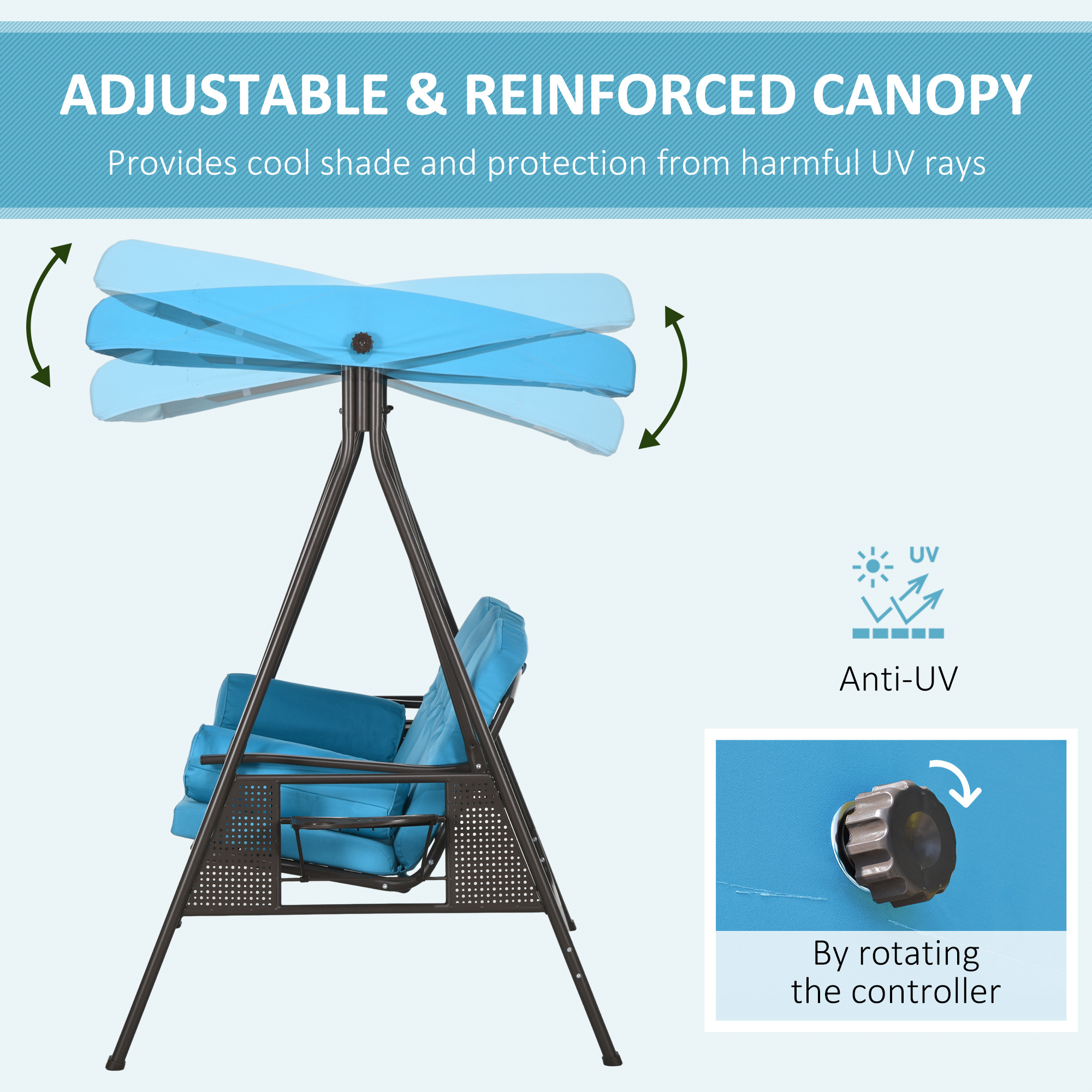 ELA 3-Seat Outdoor Porch Swing Chair with Adjustable Canopy, Cushion and Pillows for Garden, Poolside, Blue - Image 7
