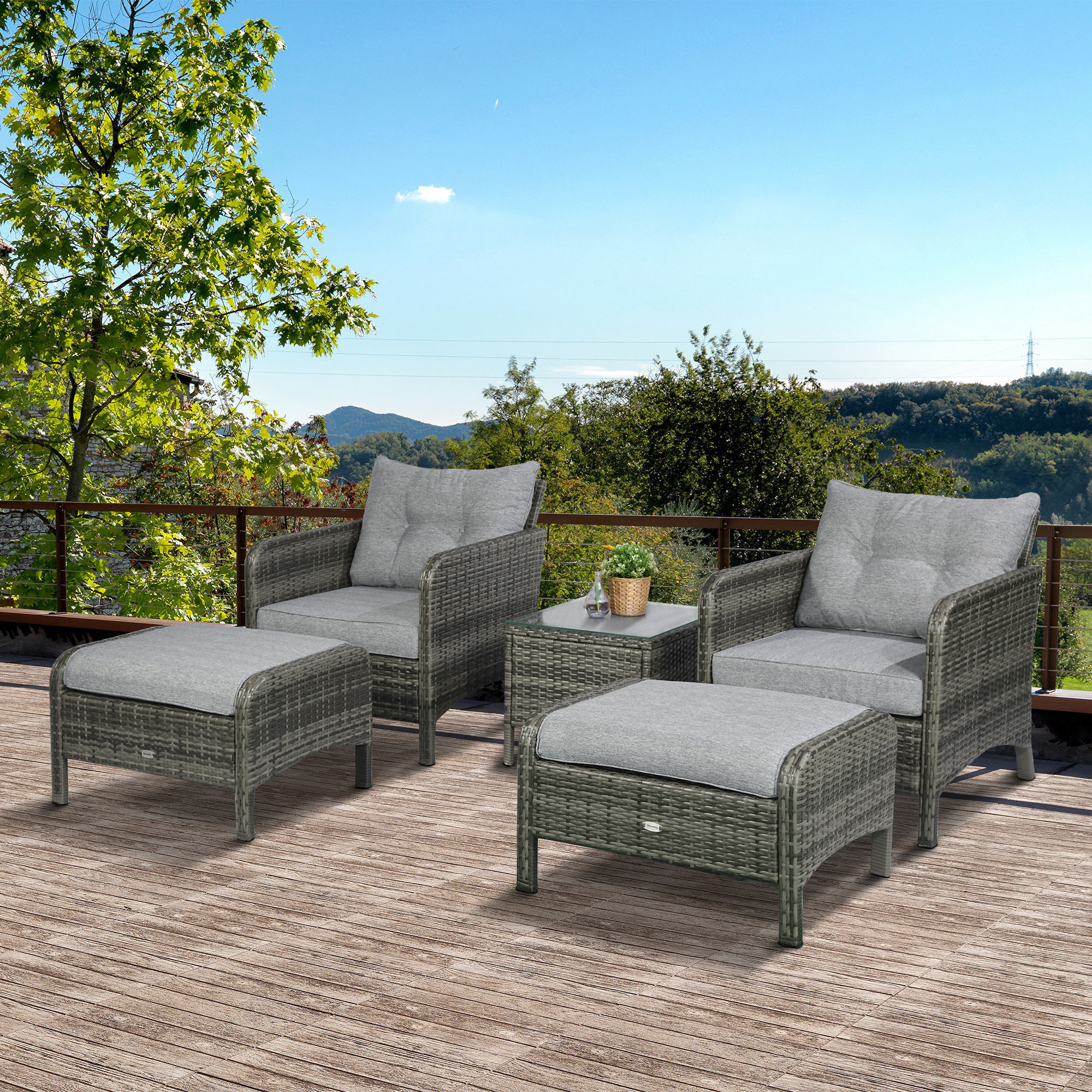 ELA 5 Pieces Rattan Wicker Lounge Chair Outdoor Patio Conversation Set with 2 Cushioned Chairs, 2 Ottomans and Tempered Glass Top Coffee Table, Gray/Light Gray - Image 5