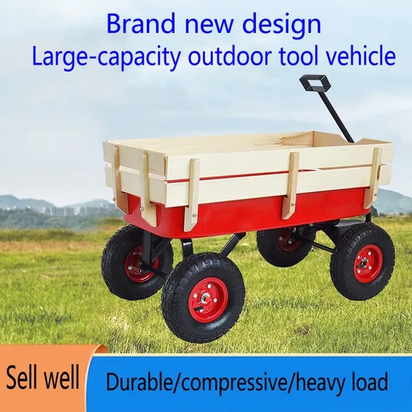 ELA Outdoor Sport Wagon Tools Cart Wooden Side Panels Air Tires Wagon - Red - Image 6