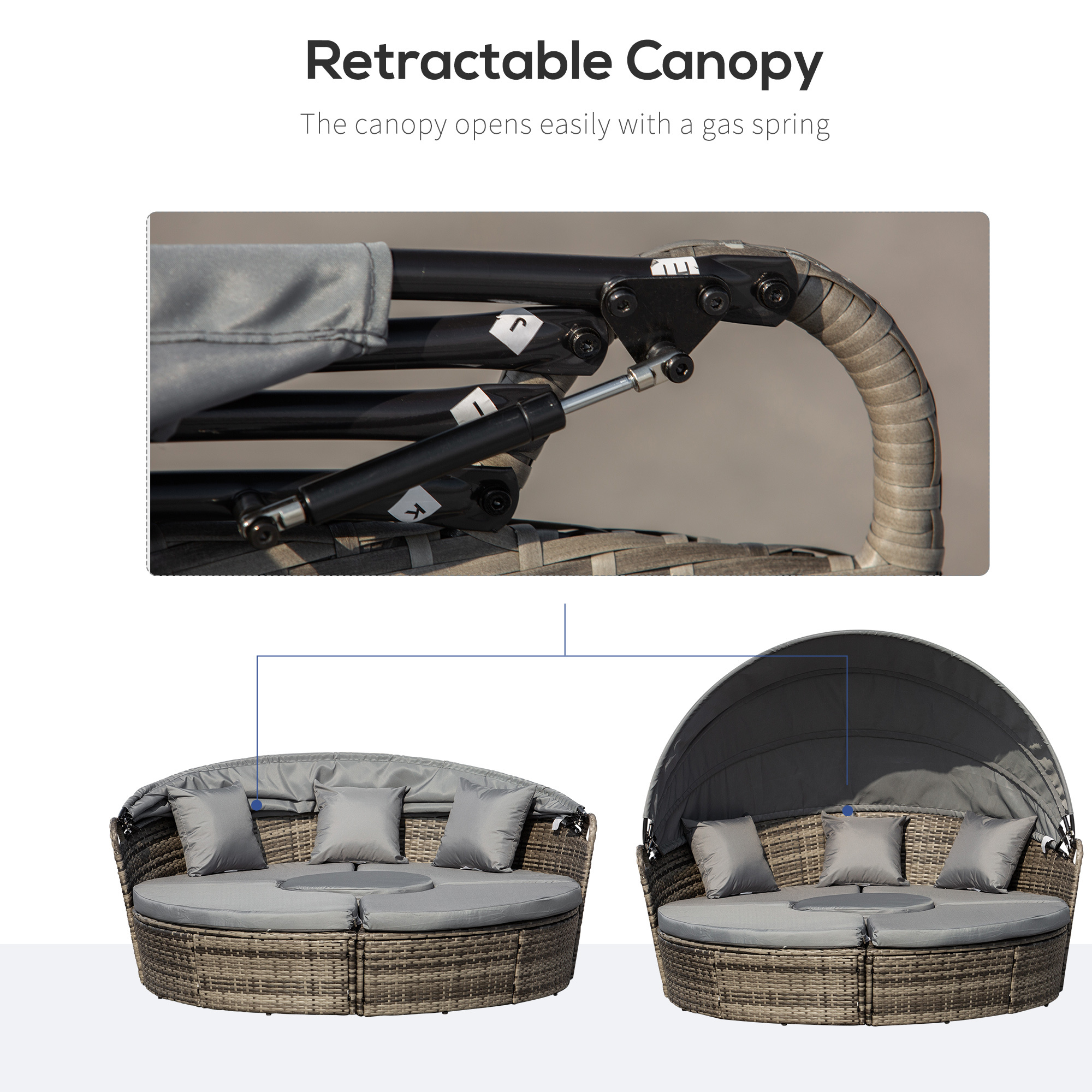 ELA 4-Piece Round Convertible Daybed with Cushions, Outdoor PE Rattan Patio Wicker Sofa Set, Sunbed with Adjustable Sun Canopy, Sectional Sofa, 2 Chairs, Table, 3 Pillows, Dark Gray - Image 5