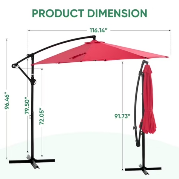 ELA Outdoor Patio Umbrella, 10ft Offset Hanging Patio Umbrella With Aluminum Stand, 8 Ribs, UV Protection For Pool Garden Backyard Market, Red Shipment From Walmart - Image 2