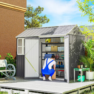 ELA  8 x 5.5 Metal Garden Storage Shed, Extra Large Outdoor Tool Storage House w/Lockable Doors, Window, Air Vents, Gray