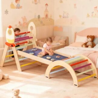 ELA 7-In-1 Foldable Baby Climbing Wooden Toys Triangle Set With Arch Triangle Pinball Game And Seesaw Wooden Montessori Climbing Set